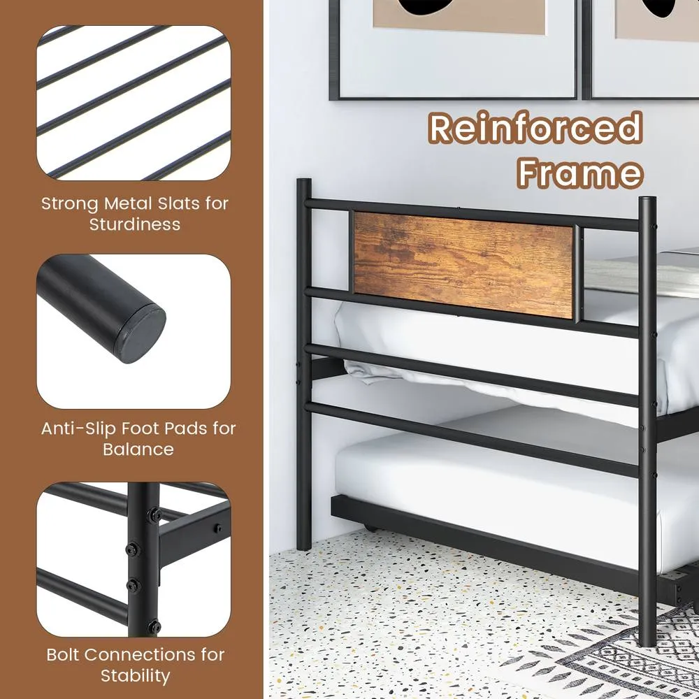 Costway Single Metal Daybed Sofa Bed Dual-use Guest Bed W/ Pull-out Trundle Space Saving in Brown 6