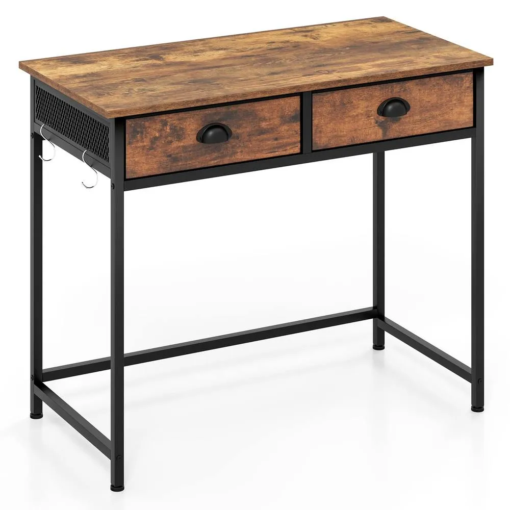 Costway Computer Desk Space Saving Home Office Desk w/2 Fabric Drawers-Coffee in Brown