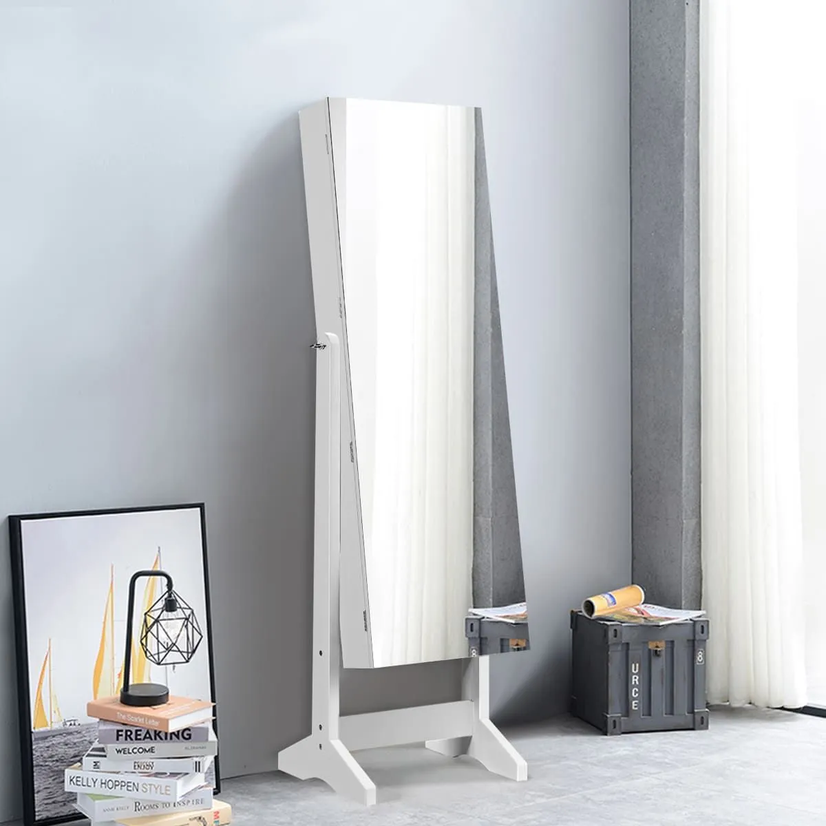 Costway Jewelry Cabinet Free Standing Jewelry Armoire w/Full-Length Mirror in White 3