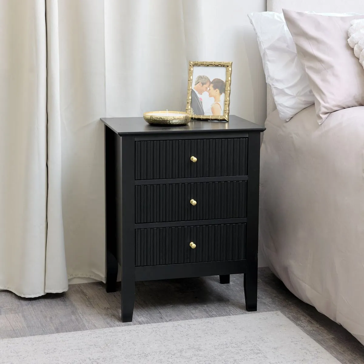 Melody Maison 3 Drawer Chest Of Drawers & Pair Of Bedside Tables - Hales Black Range 4