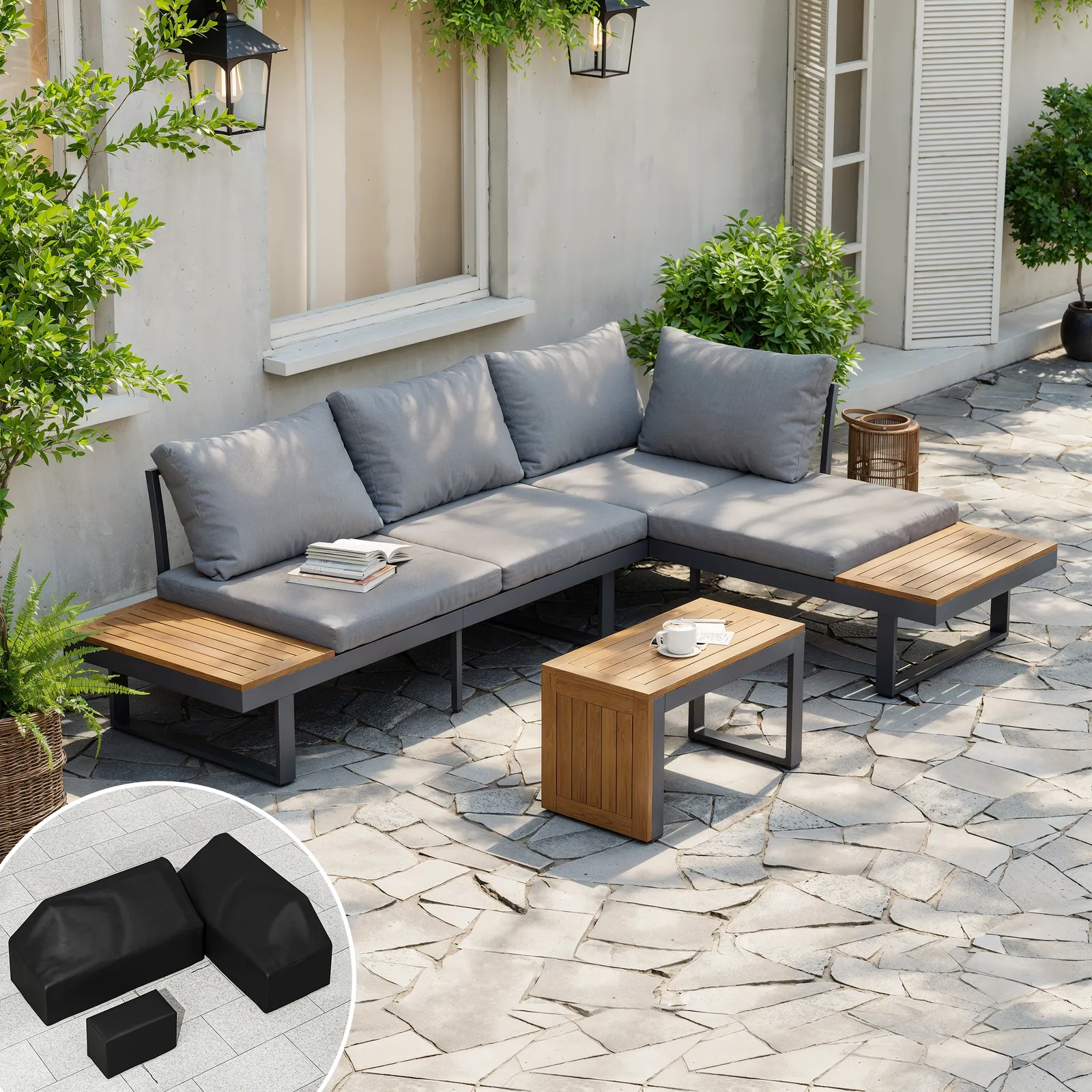Slatera Outdoor Acacia & Aluminium Modular Sofa Set in Dark Grey with Black Cover