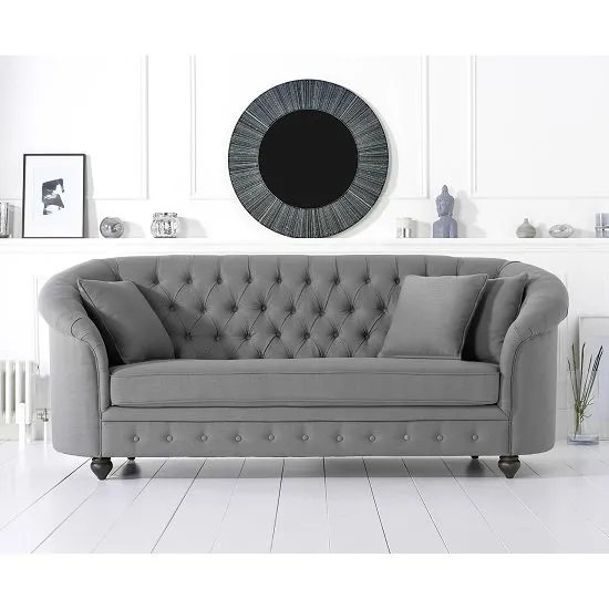 Astarik Chesterfield 3 Seater Sofa In Grey Linen Fabric