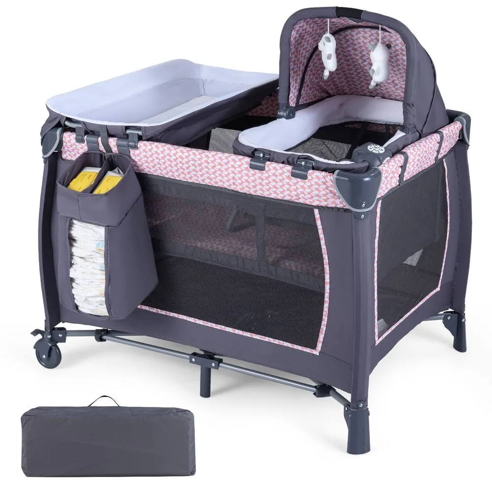 Costway Foldable Pack &Play Portable Baby Playard w/Rocking Bassinet&Music Box in Pink