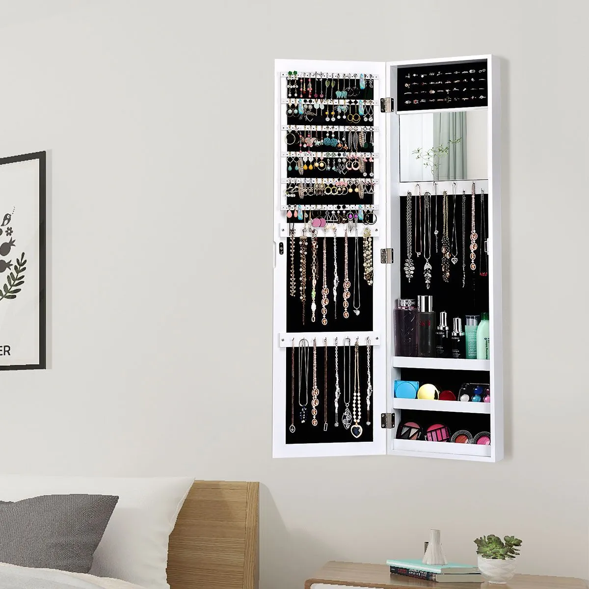Costway Wall Mounted Jewelry Cabinet Jewelry Armoire w/Full-Length Mirror in White 6
