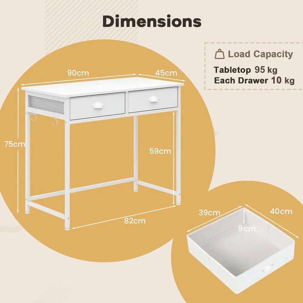 Costway Computer Desk Space Saving Home Office Desk w/2 Fabric Drawers-White in White 2