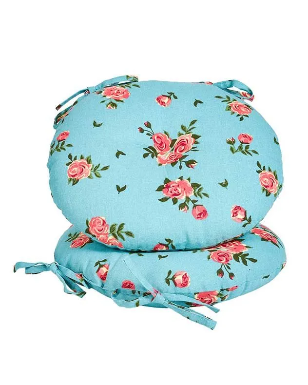 Dibor Set of 2 Blue Rose Round Summer Outdoor Garden Chair Seat Pad Cushions Dia 40cm 2