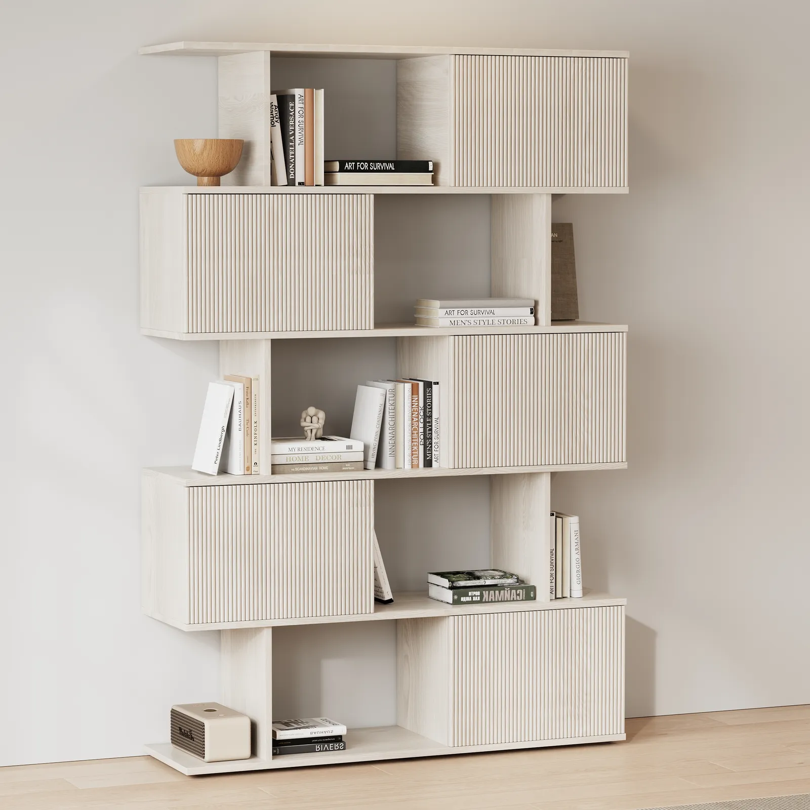 72.8" Wash White Sliding Door Etagere Bookshelf, 5-Shelf Tall Book Shelf, Mid-Century Modern Storage Cabinet with Fluted Doors