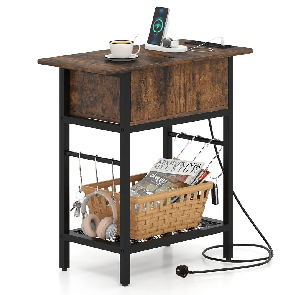 Costway Skinny Sofa Side Table Narrow End Table with Charging Station in Brown