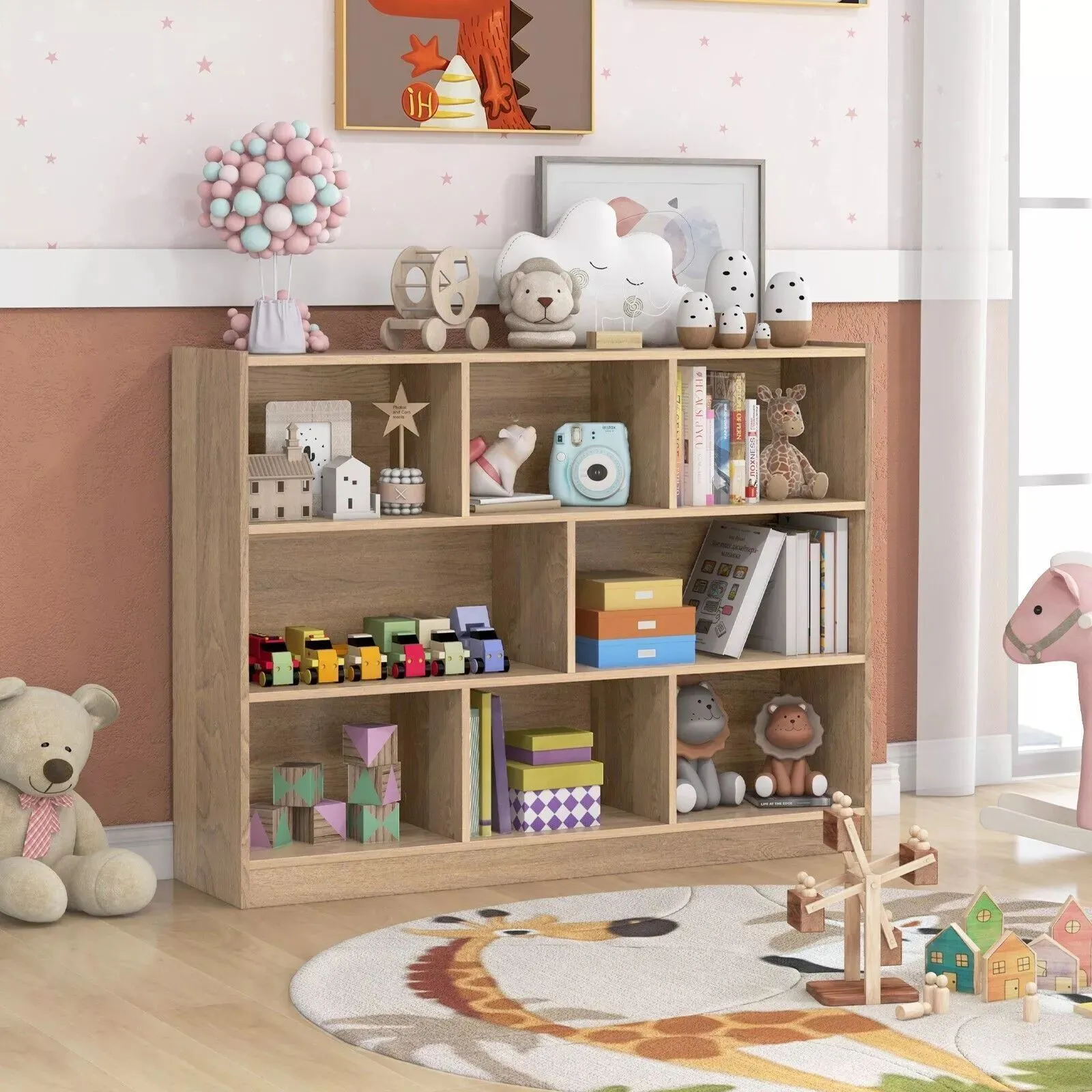 Costway Wood Storage Cube Bookcase 3 Tier 8 Cube Open Shelf Storage Cabinet in Natural 3