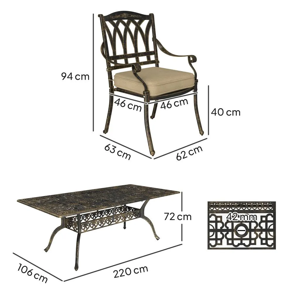 OUTSUNNY 9 Pieces Cast Aluminium Garden Dining Set with Parasol Hole, Bronze 3