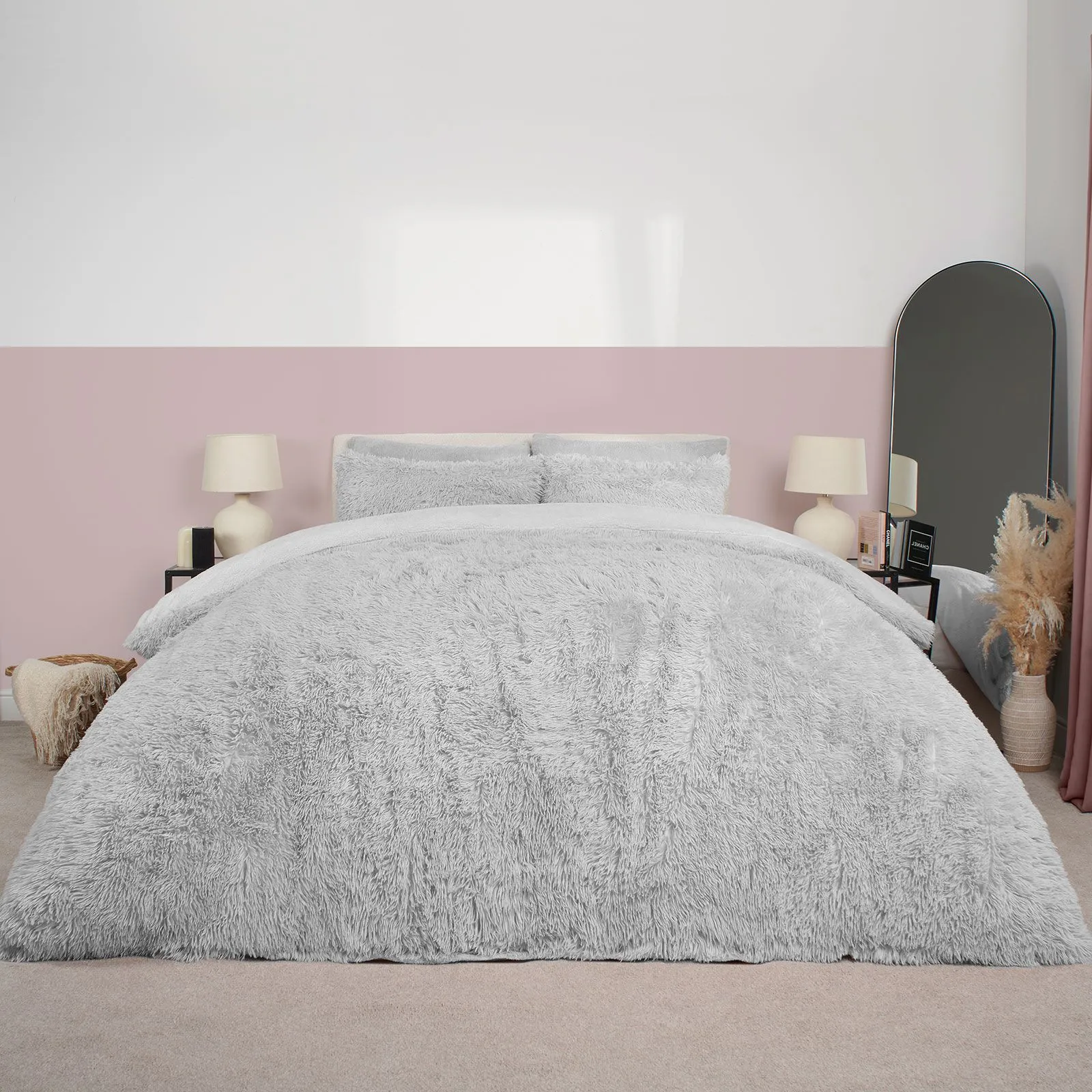 OHS Teddy Duvet Cover Set Bedding Soft Fleece Faux Fur Shaggy in Silver
