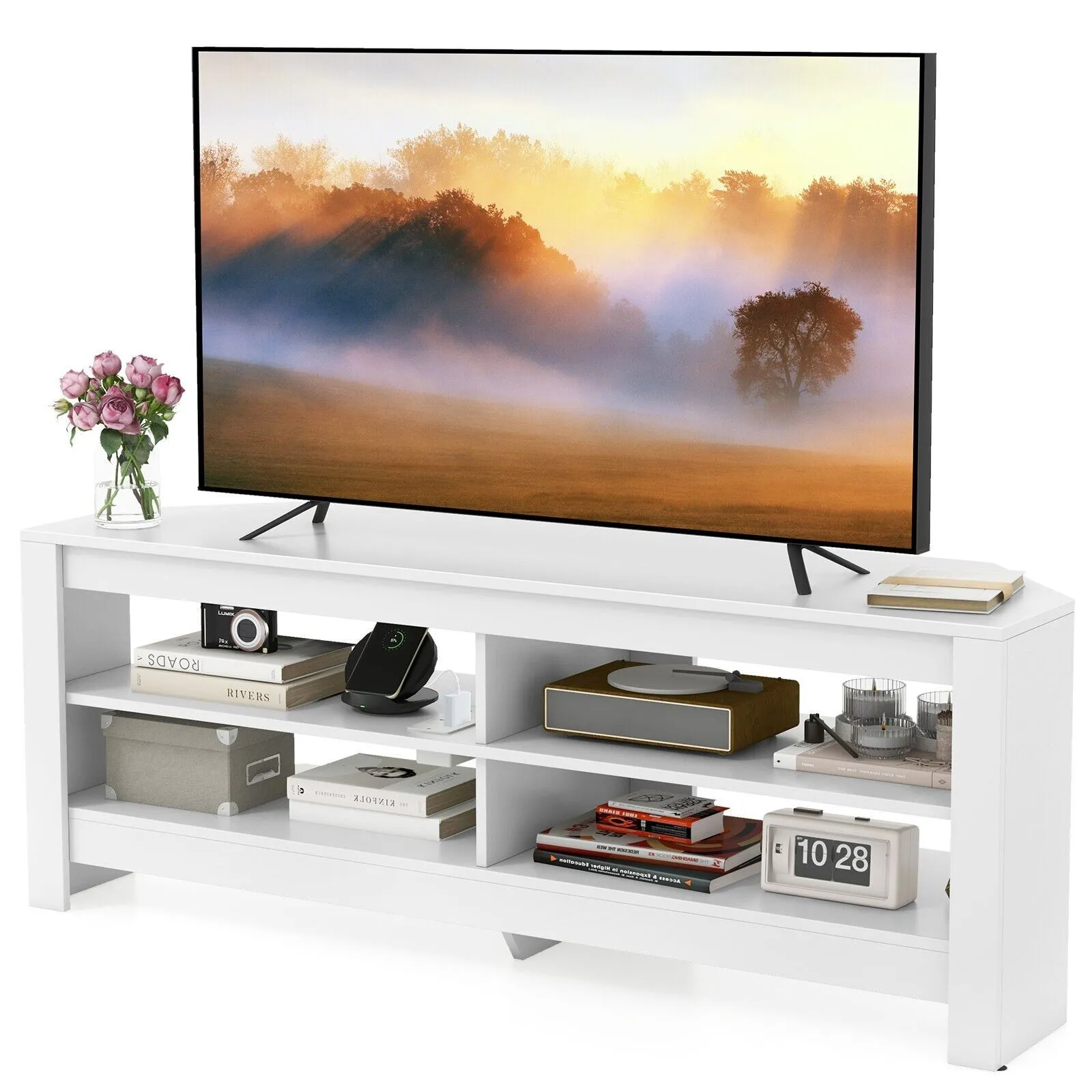 Costway Corner TV Stand with Power Outlet 3-Tier Entertainment Center for 60" TV in White
