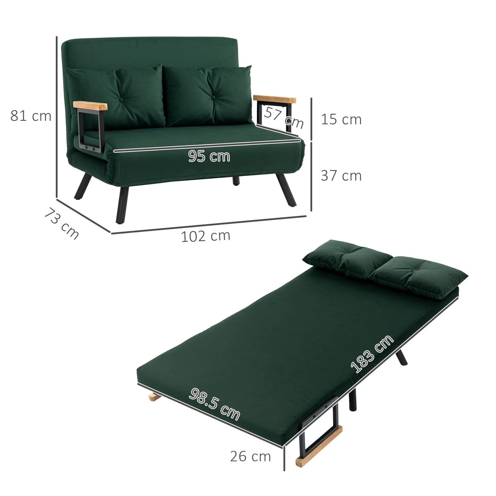 HOMCOM Click Clack 2 Seater Sofa Bed for Living Room, Guest Room in Green 3