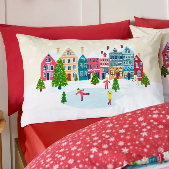 Catherine Lansfield Christmas Town Stamps Polycotton Duvet Cover & Pillowcase Set 4