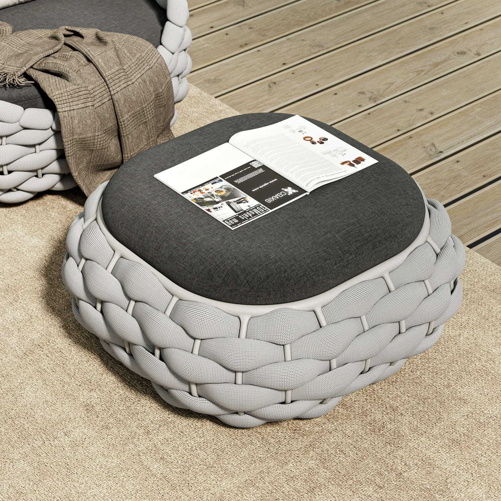 Cocaro Outdoor Storage Ottoman with Woven Rope in Light Grey