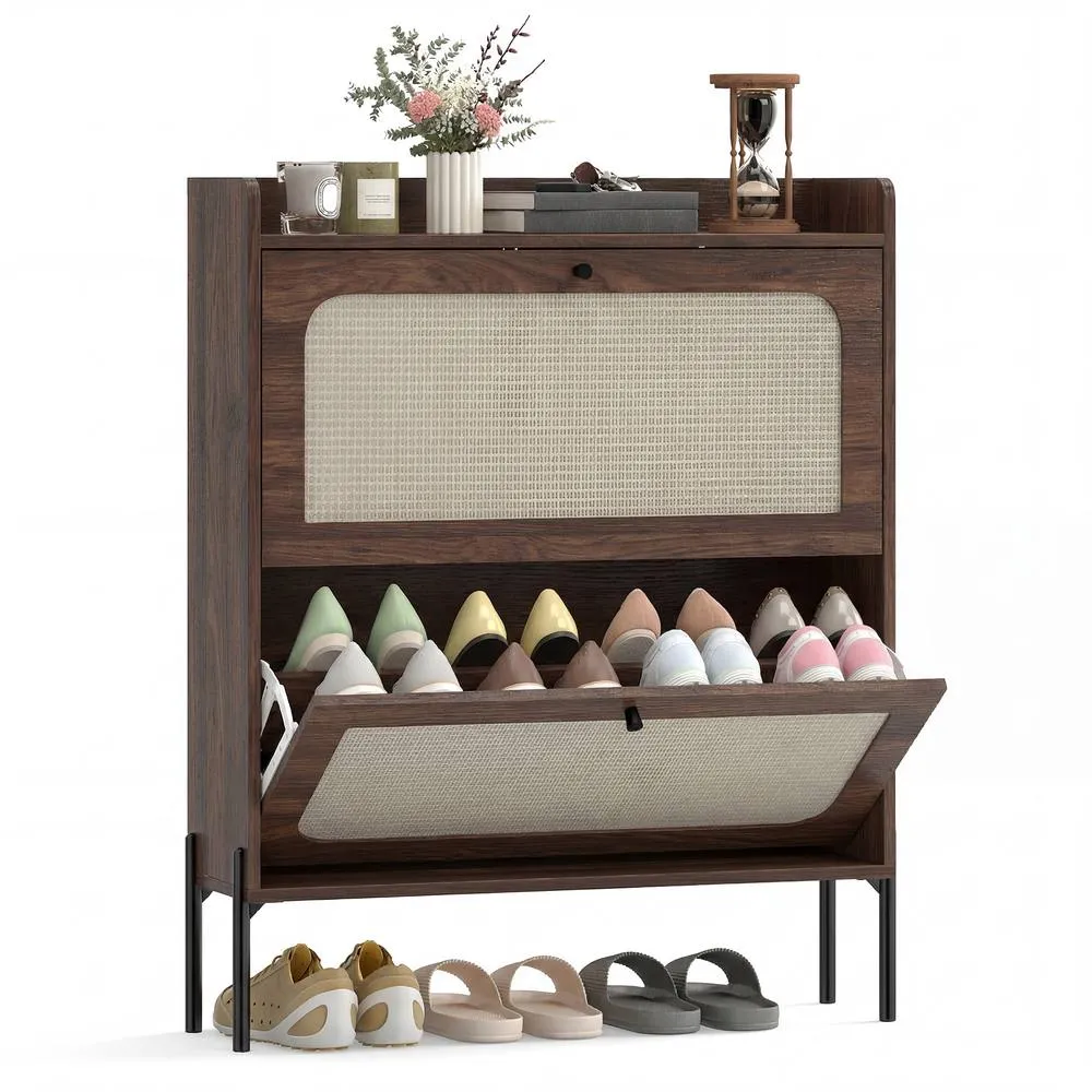 HOMCOM Boho Narrow Shoe Cabinet, Shoe Rack with 2 Flip Drawers in Dark Brown 1