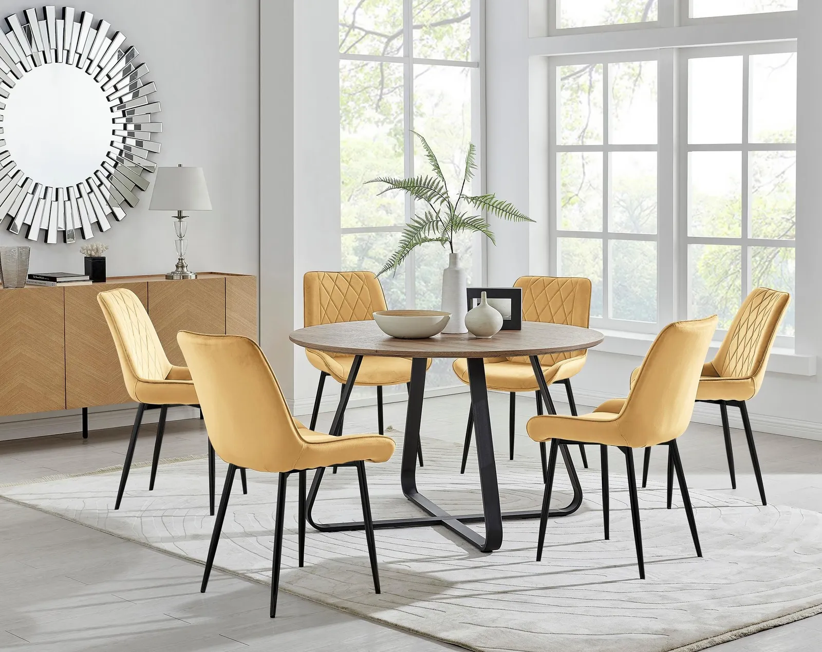 FurnitureboxUK Santorini Brown Round Dining Table & 6 Pesaro Black Leg Chairs in Mustard 1