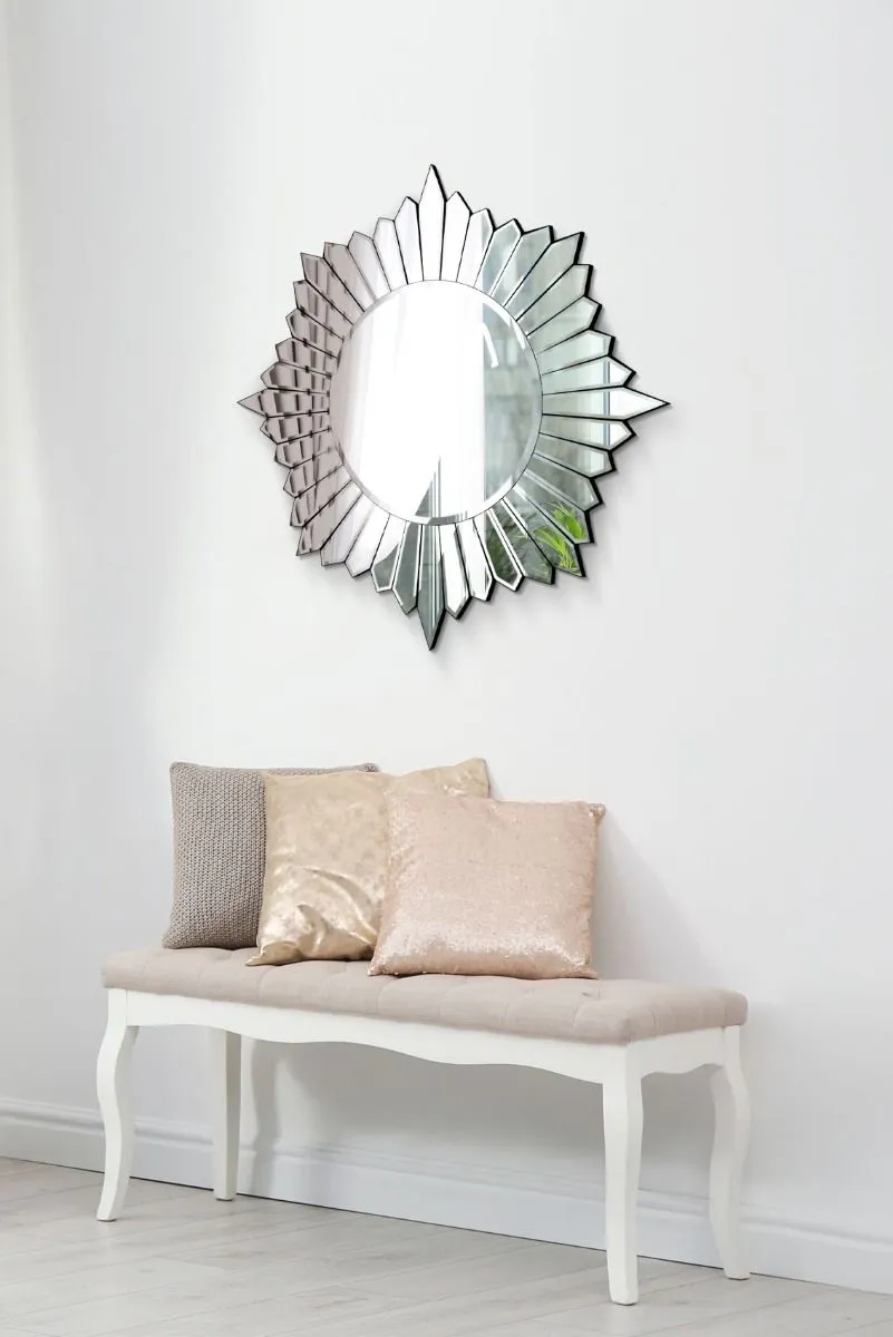 MirrorOutlet Sunburst All Glass Modern Design Round Mirror 80 x 80 CM in Silver