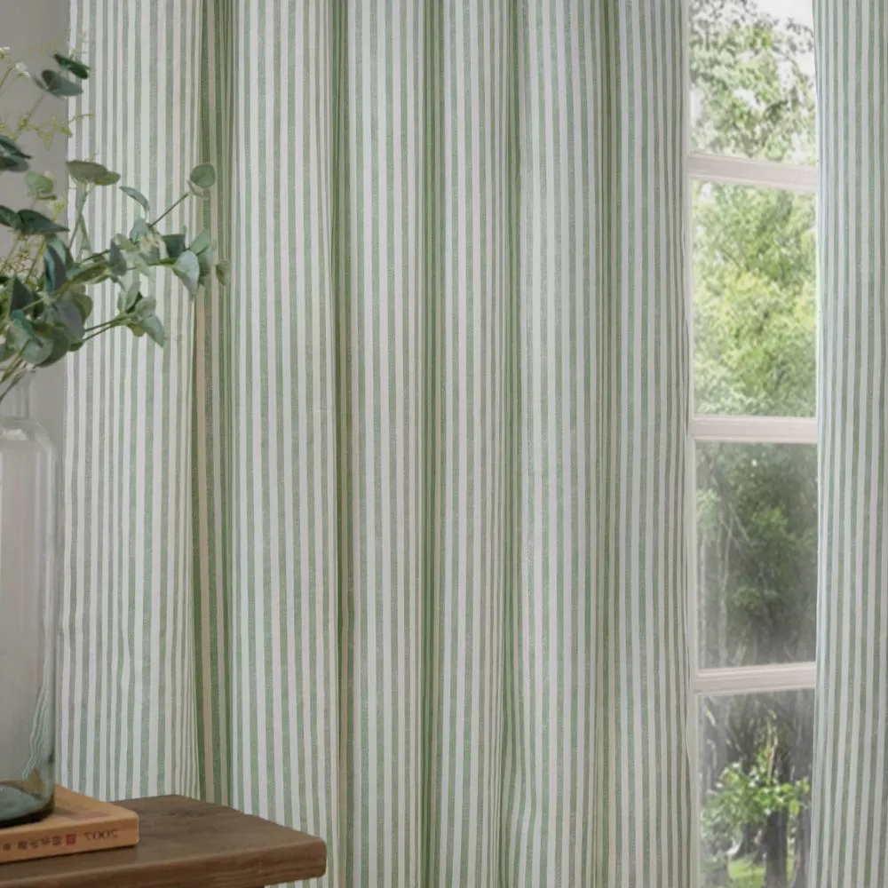 Yard Hebden Striped 100% Cotton Lined Eyelet Curtain Pair in Pale Green 3