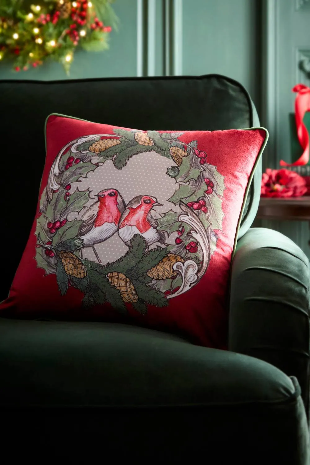 Laurence Llewelyn-Bowen 'Festive Robin' Velvet Chirstmas Filled Cushion in Red