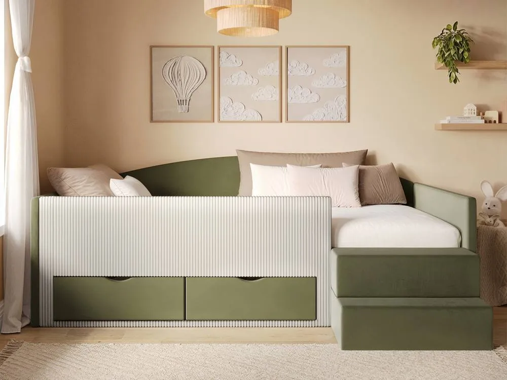 Flair Elisa Velvet Storage Low Sleeper Bed with Beige Cord in Green 3