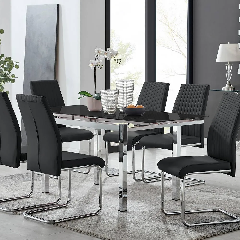 FurnitureboxUK Enna Black Glass Extending Dining Table & 6 Lorenzo Chairs