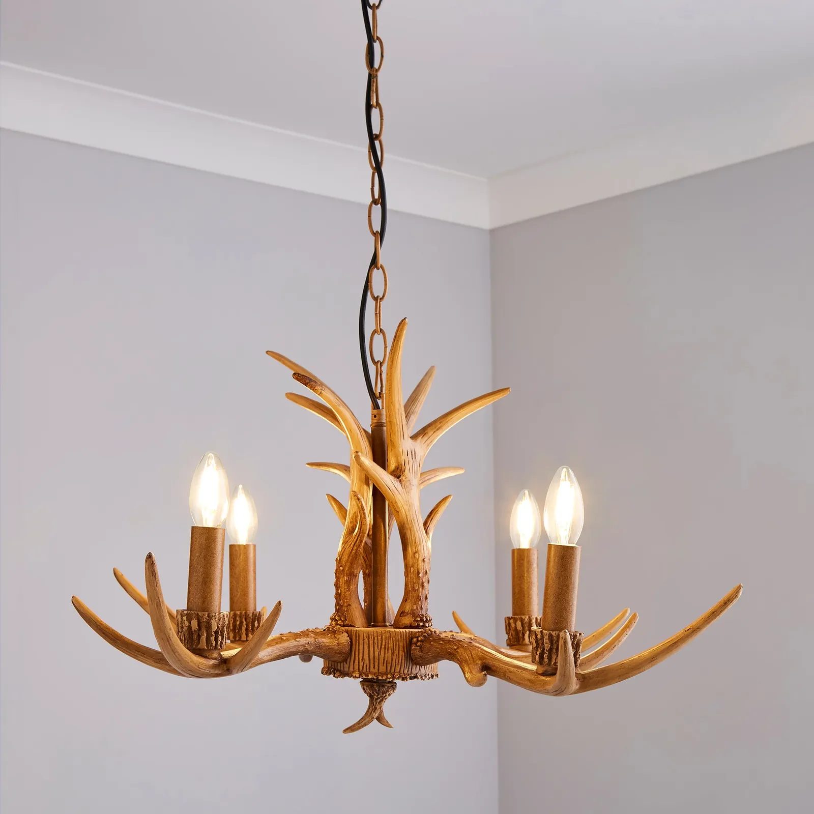 Antler 4 Light Candelabra Wood Effect Ceiling Fitting Brown