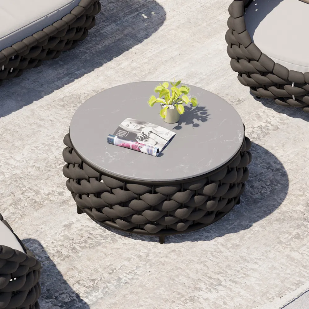 Cocaro Modern Faux Marble Top Round Outdoor Coffee Table with Woven Rope Base in Black
