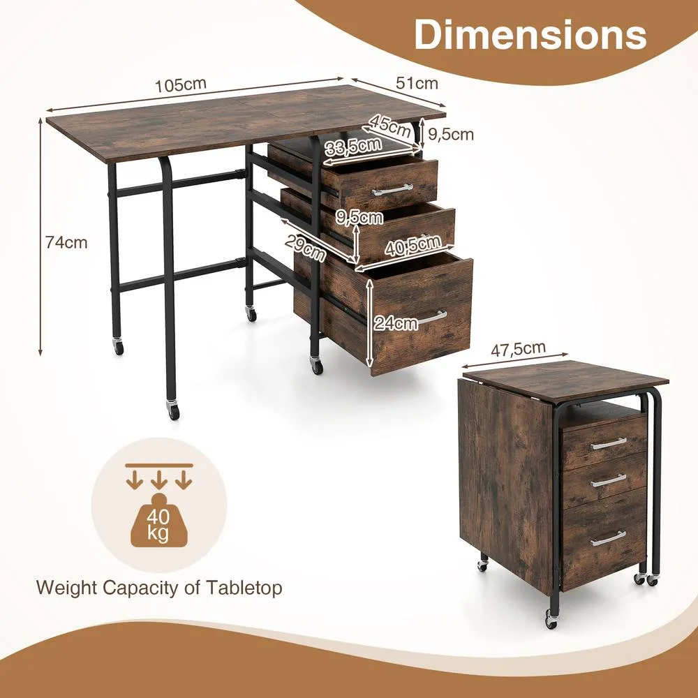 Costway Folding Desk with 3 Drawers Convertible Computer Desk in Brown 2