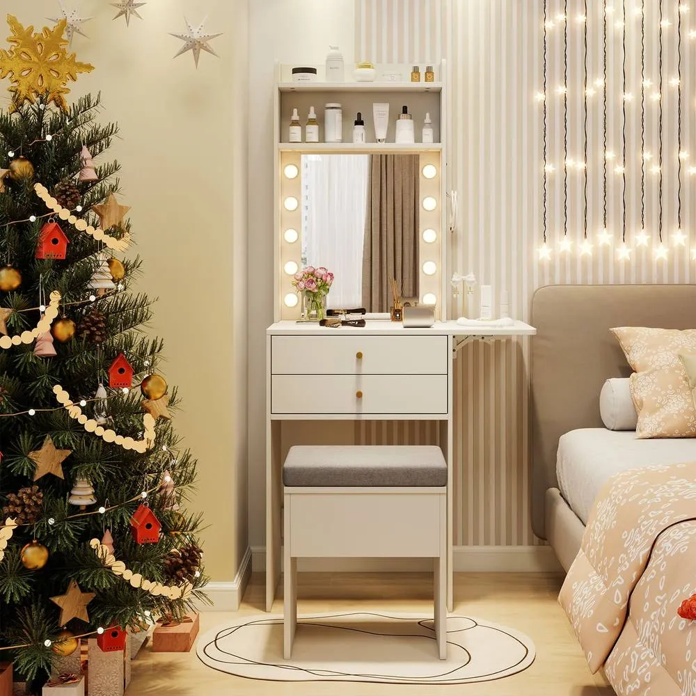 Costway Small Makeup Vanity Desk Dressing Table Set with Mirror & Lights in White 5
