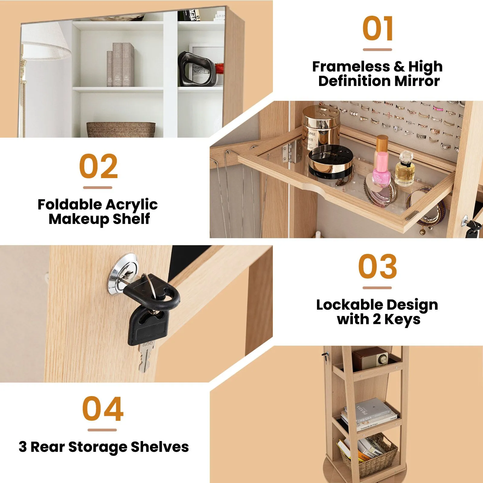 Costway 360° Rotating Jewelry Armoire Standing Jewelry & Makeup Cabinet in Natural 6