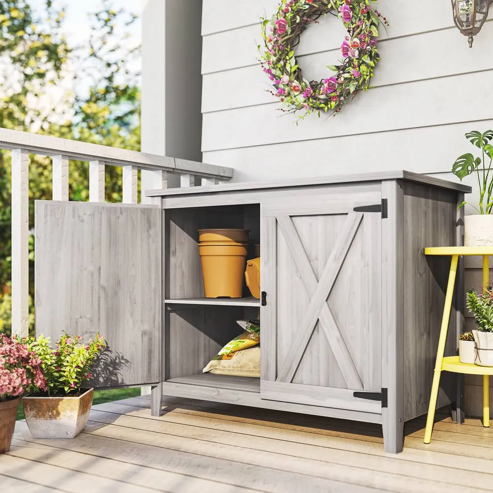 OUTSUNNY Wooden Garden Shed Tool Cabinet 110 x 60 x 88.5 cm, Light Grey