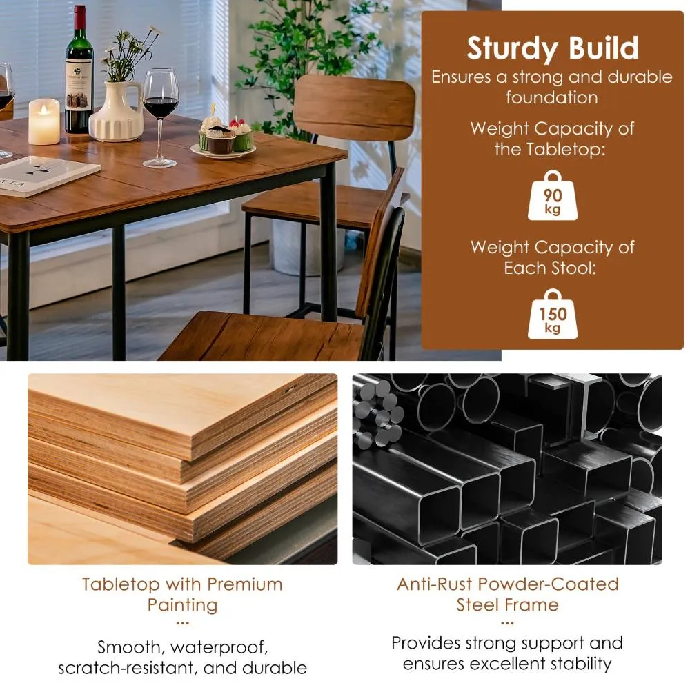 Costway 5PCS Industrial Dining Table Set Kitchen Bar Counter Height Table & 4 Stools in Brown 5