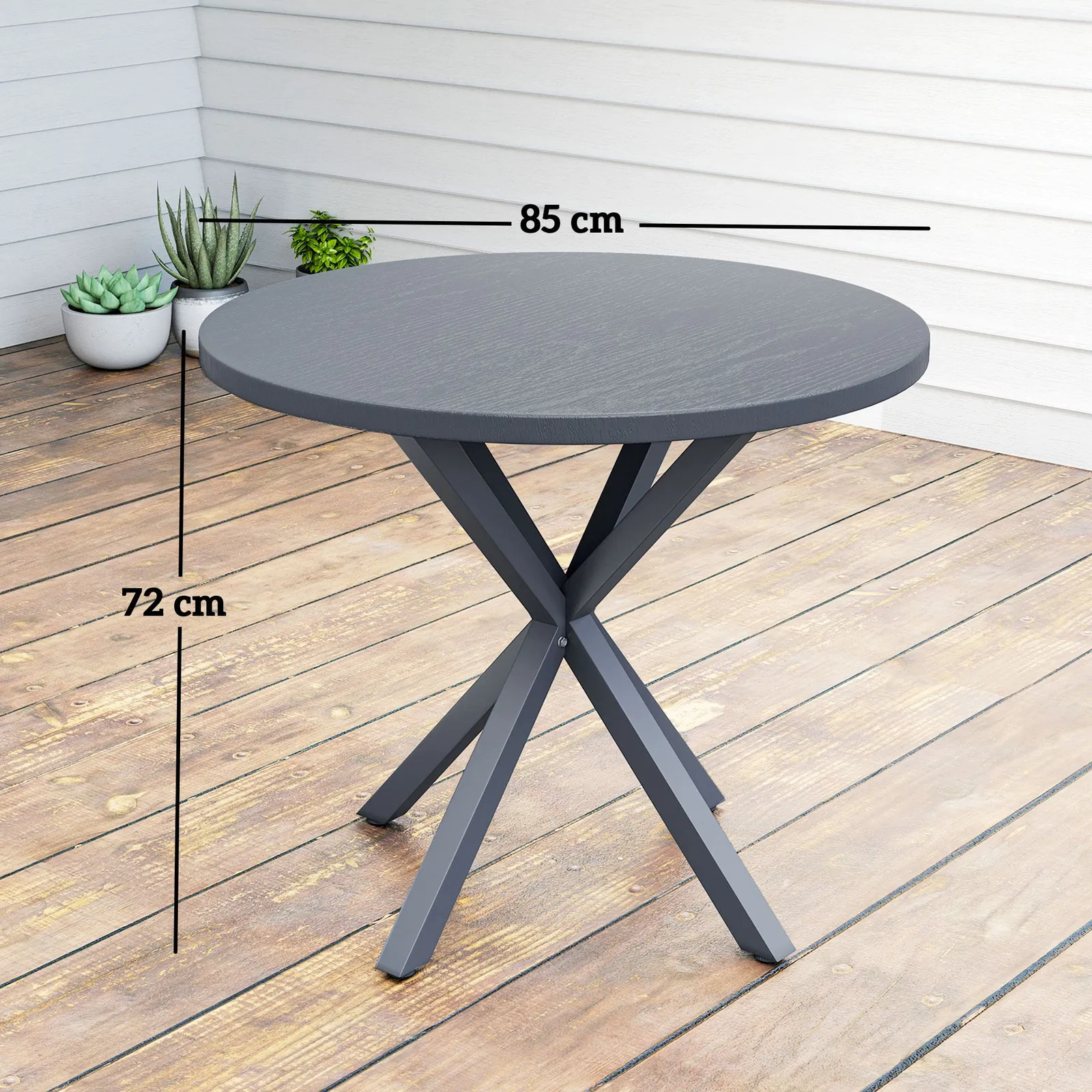 OUTSUNNY Garden Table with Steel Frame, Wood Effect Top, for Balcony, Deck in Dark Grey 3
