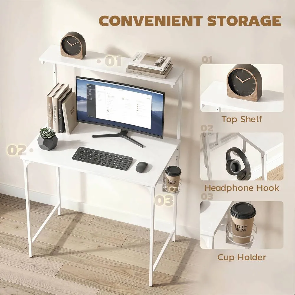 HOMCOM Computer Desk, 80cm Home Office Study Table with Hutch Shelf in White 4