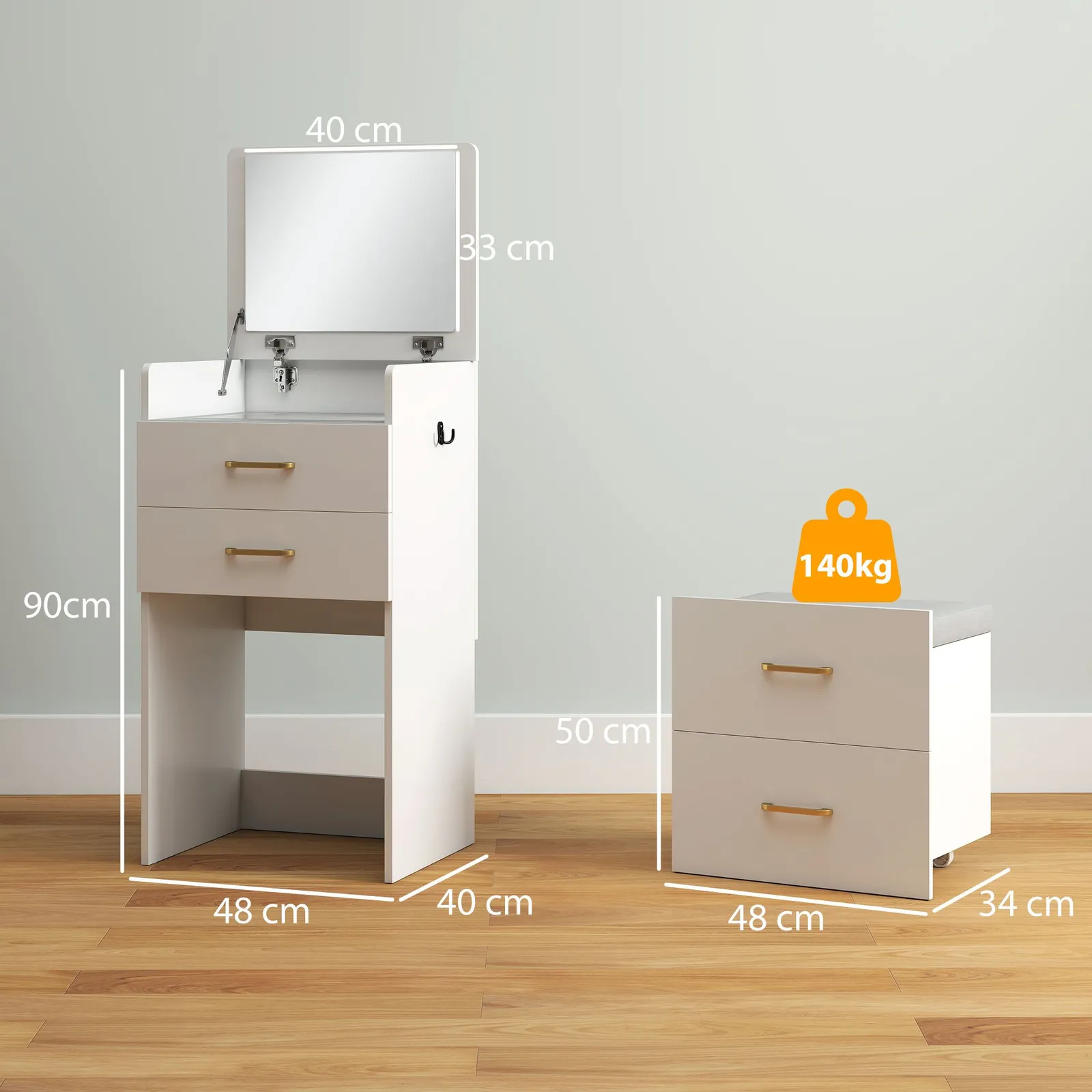 HOMCOM Two-Piece Dressing Table Vanity Desk with Mirror & Cushioned Stool in White 3