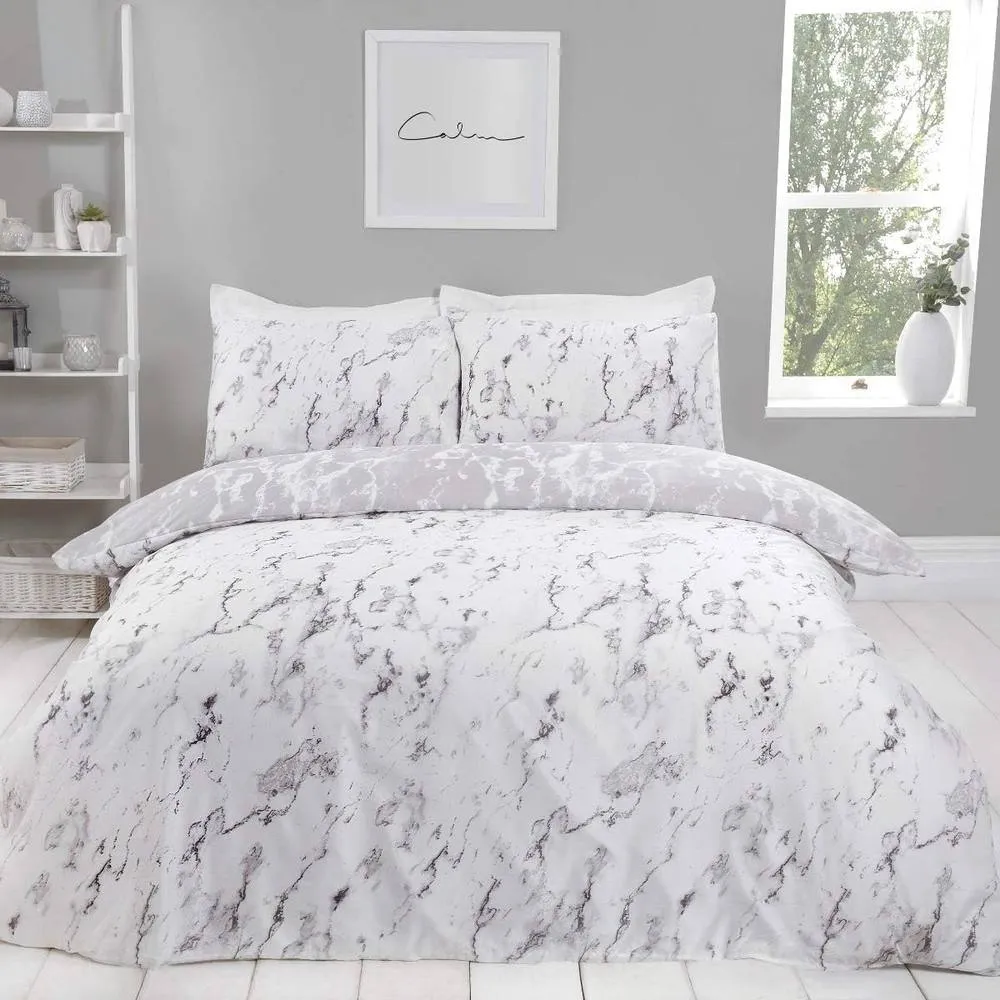 Smart Living Luxury Marble Monochrome Reversible Duvet Cover With Pillowcases in Grey