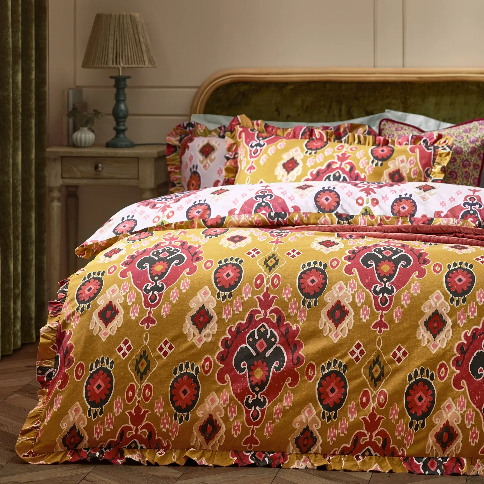 Paoletti Dawson Ikat Reversible Duvet Cover Set, Double, Amber, Orange 2