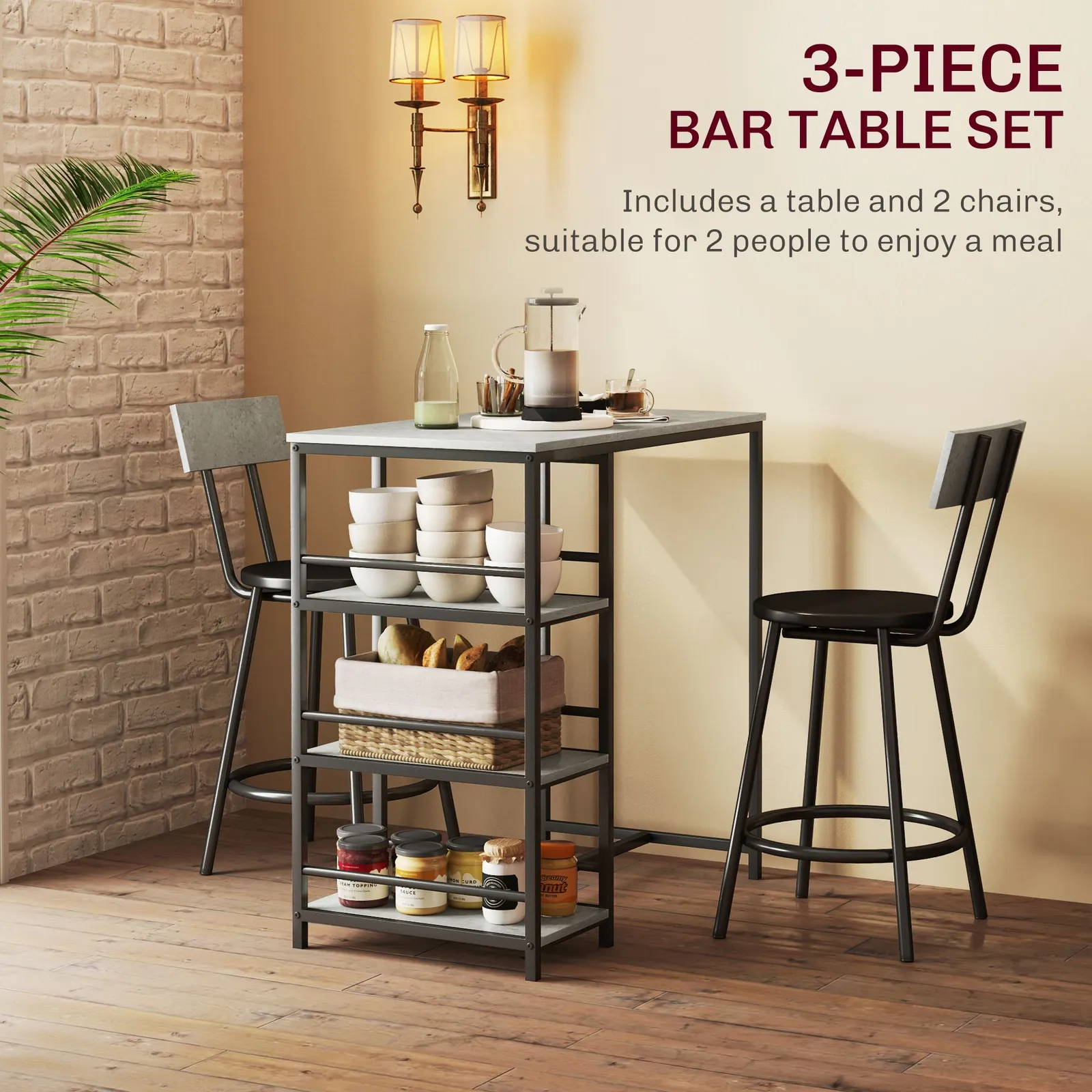 HOMCOM 3 Piece Breakfast Bar Table Set with Storage Shelves, Light Grey 4
