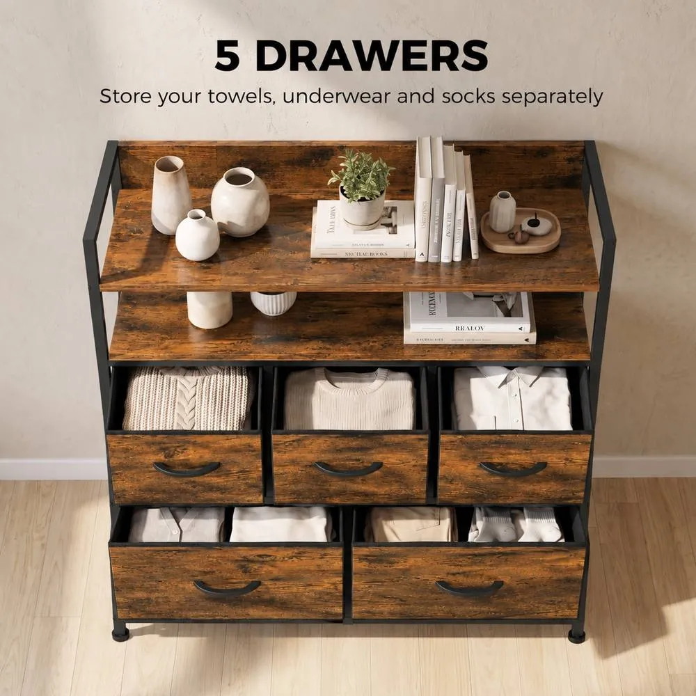 HOMCOM Bedroom Chest of Drawers 5 Drawer Dresser w/ Shelves, Rustic Brown 4