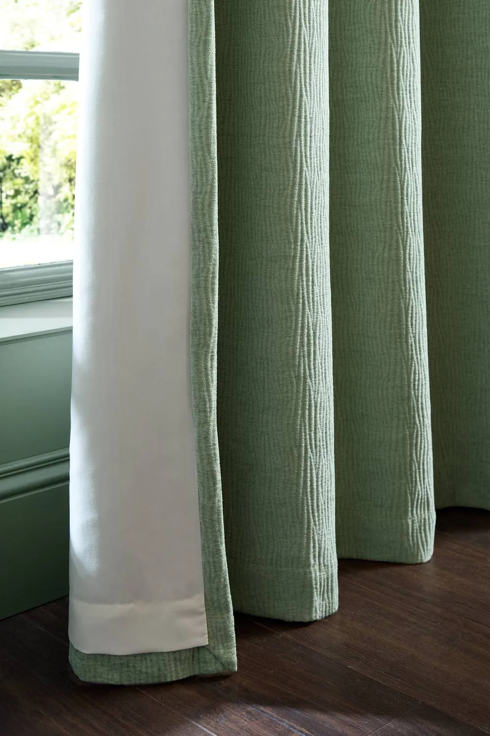 Catherine Lansfield 'Crinkle Chenille' Lined Eyelet Curtains in Green 4