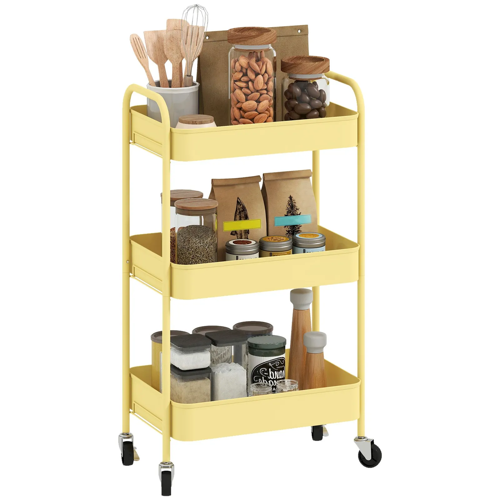 HOMCOM 3 Tier Rolling Utility Cart with 3 Mesh Basket in Yellow 2