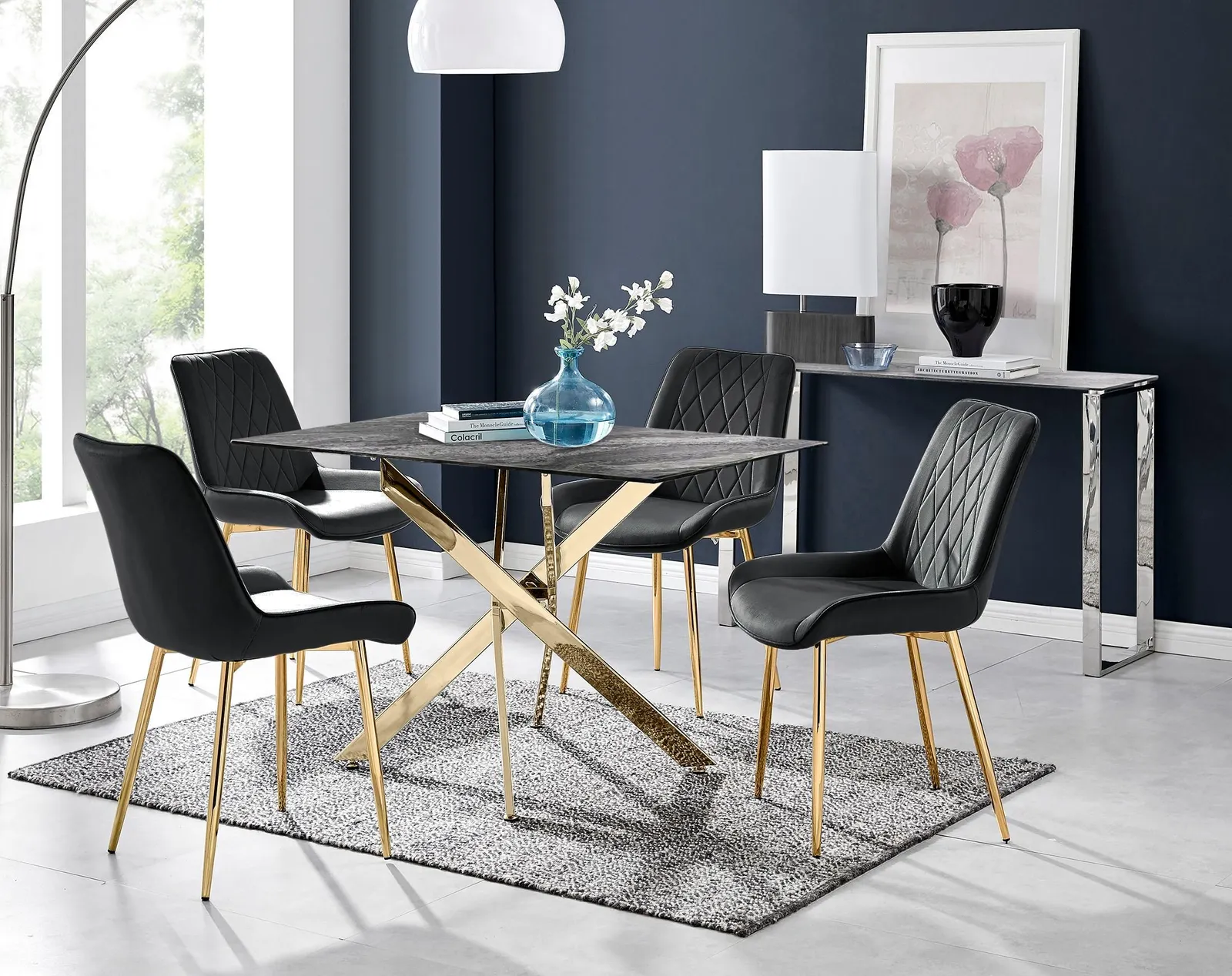 FurnitureboxUK Leonardo Grey Glass Marble Effect Gold Leg Table & 4 Pesaro Gold Leg Chairs in Black