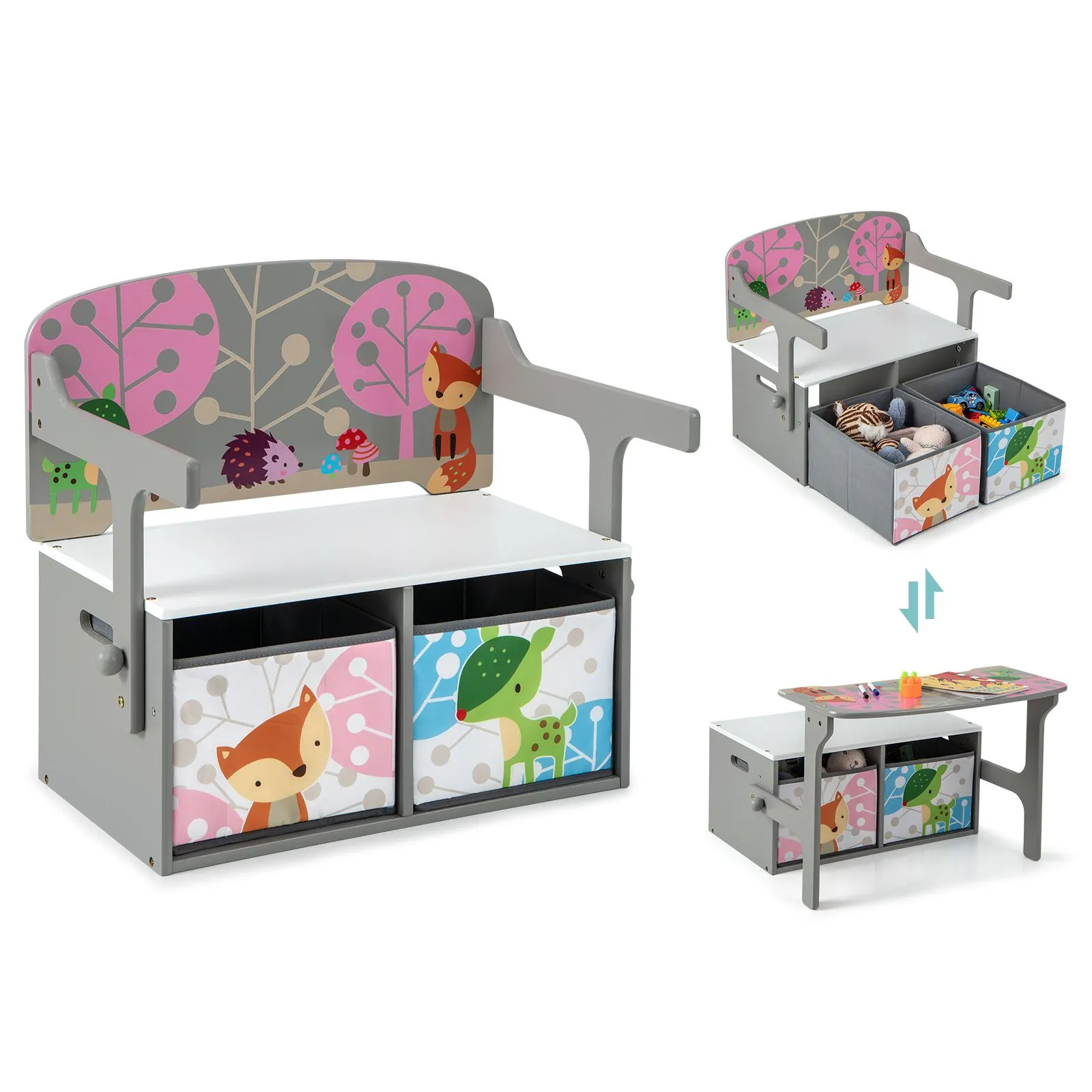 Costway 3-in-1 Convertible Activity Bench Table Chair Set Toy Storage in Grey