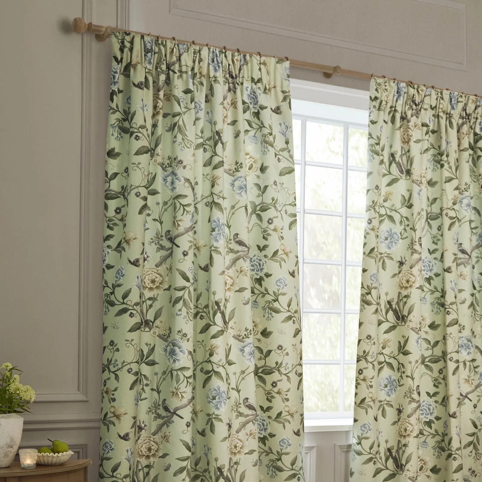 Sanderson Porcelain Garden Printed Chenille Room Darkening Pencil Pleat Curtains in Light Green 3