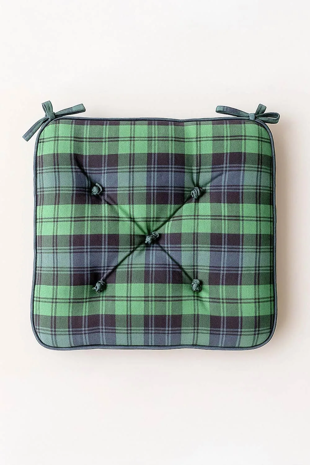 Homescapes Black Watch Tartan Cotton Dining Chair Booster Cushion in Green 3
