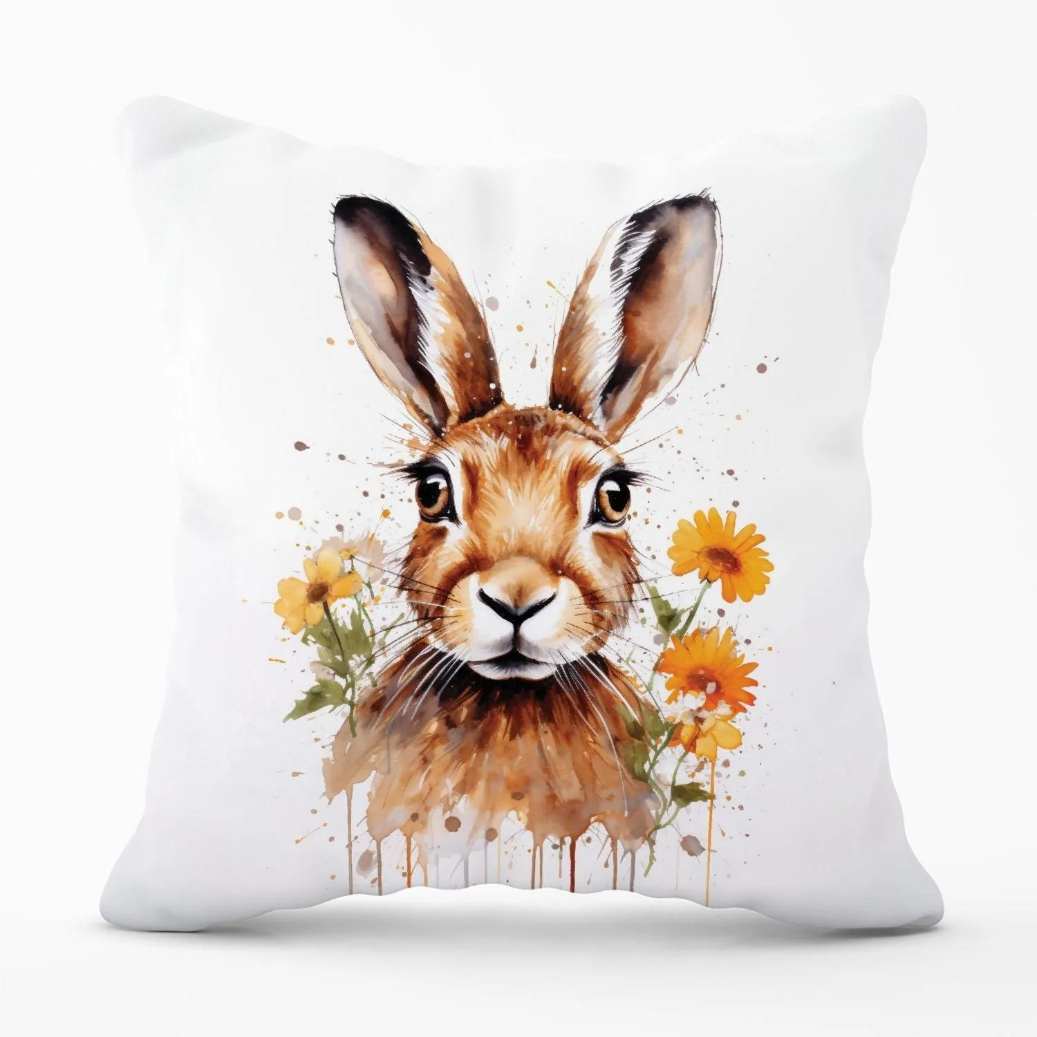 Warren Reed - Designer Watercolour Hare & Daisies Outdoor Cushion in Orange