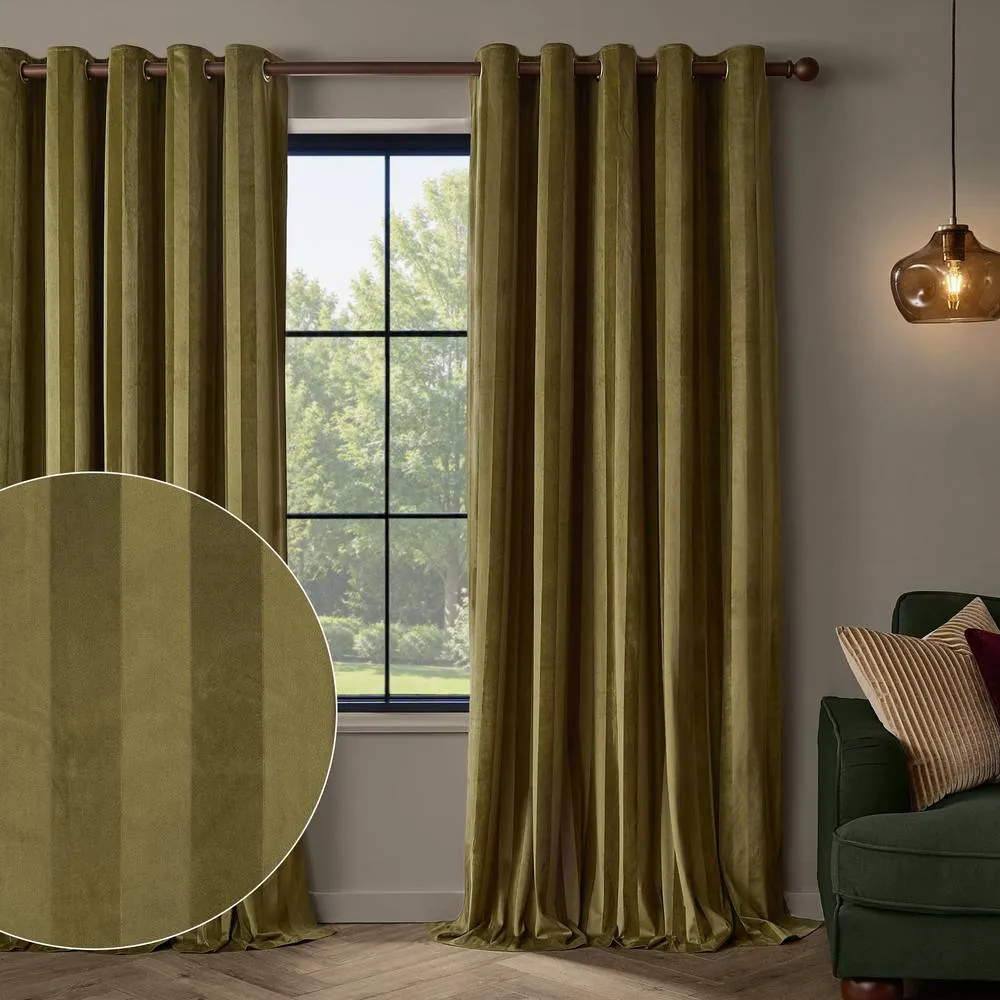 Paoletti Regency Stripe Velvet Eyelet Curtain Pair Olive 117Cm Width 137Cm Drop, Green