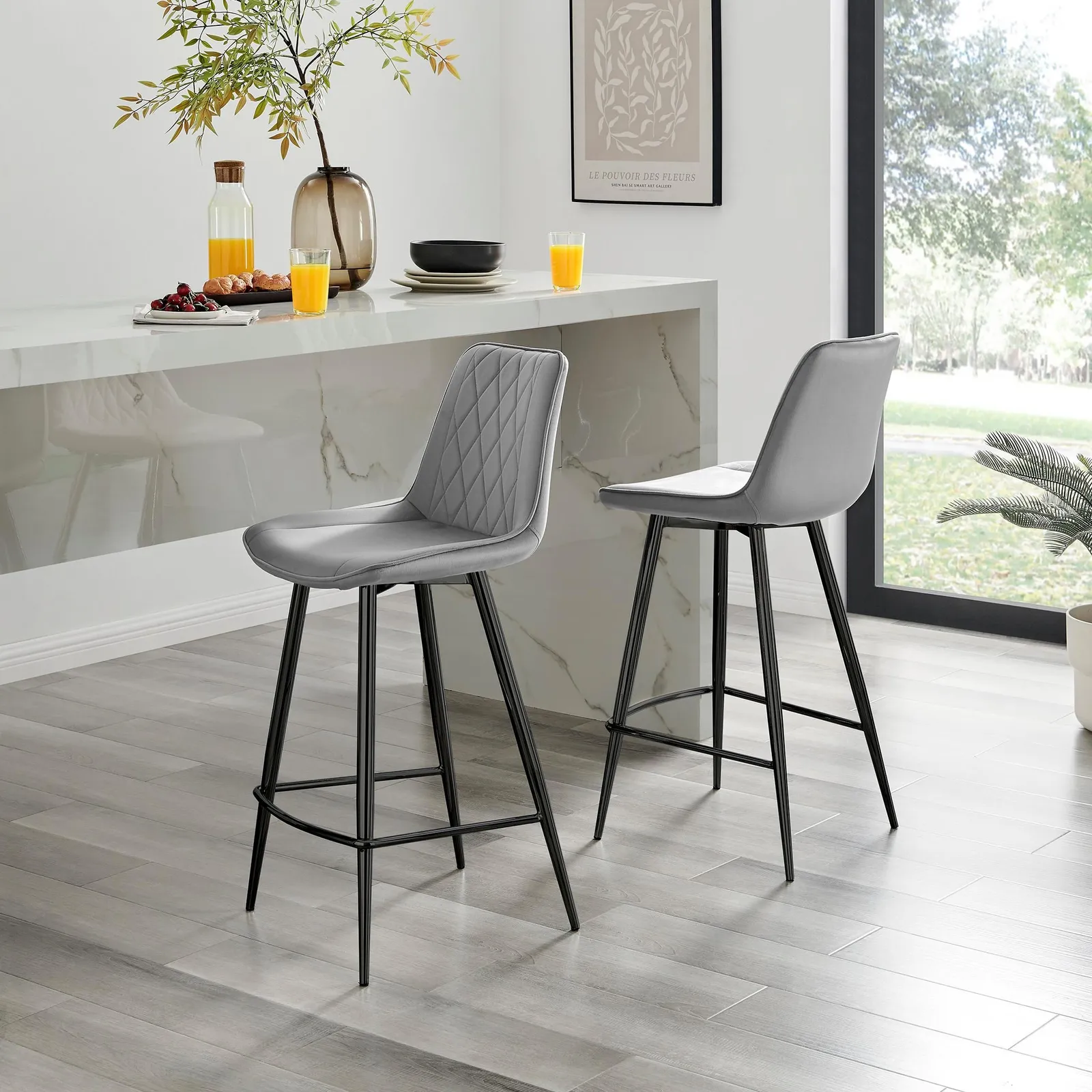 FurnitureboxUK Pesaro Set of 2 Velvet Black Legs Counter Stools in Grey 1