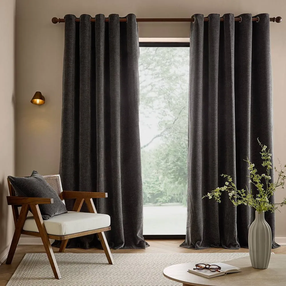 Yard Heath Washed Velvet Fully Lined Eyelet Curtain Pair in Charcoal 1